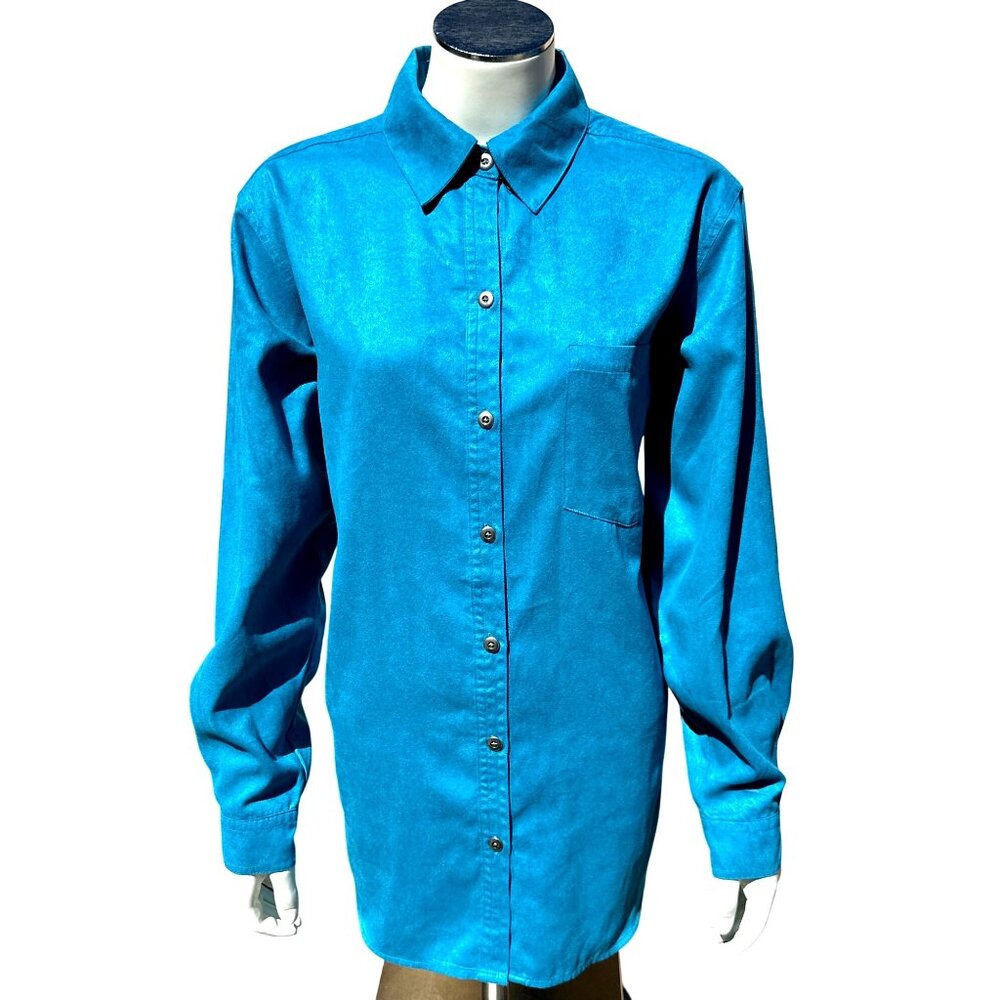 Chicos Design Vintage Turquoise Blue Button Up Tunic Shirt Long Sleeve Faux Sued - Picture 1 of 7